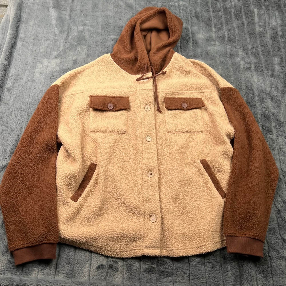 PacSun Mens Sherpa Fleece Hooded Shacket Colorblock Brown Tan M/L 13043